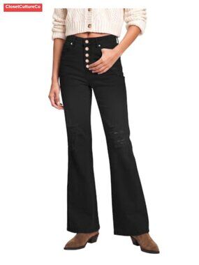 Womens High Waisted Ripped Bell Bottom Flare Jeans Stretch Wide Leg
